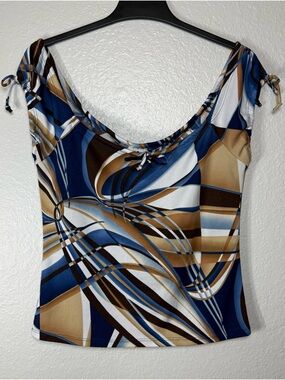 Beware Geometric Print Drawstring Sleeve Scoop Neck Blouse‎ Blue Brown White XL
